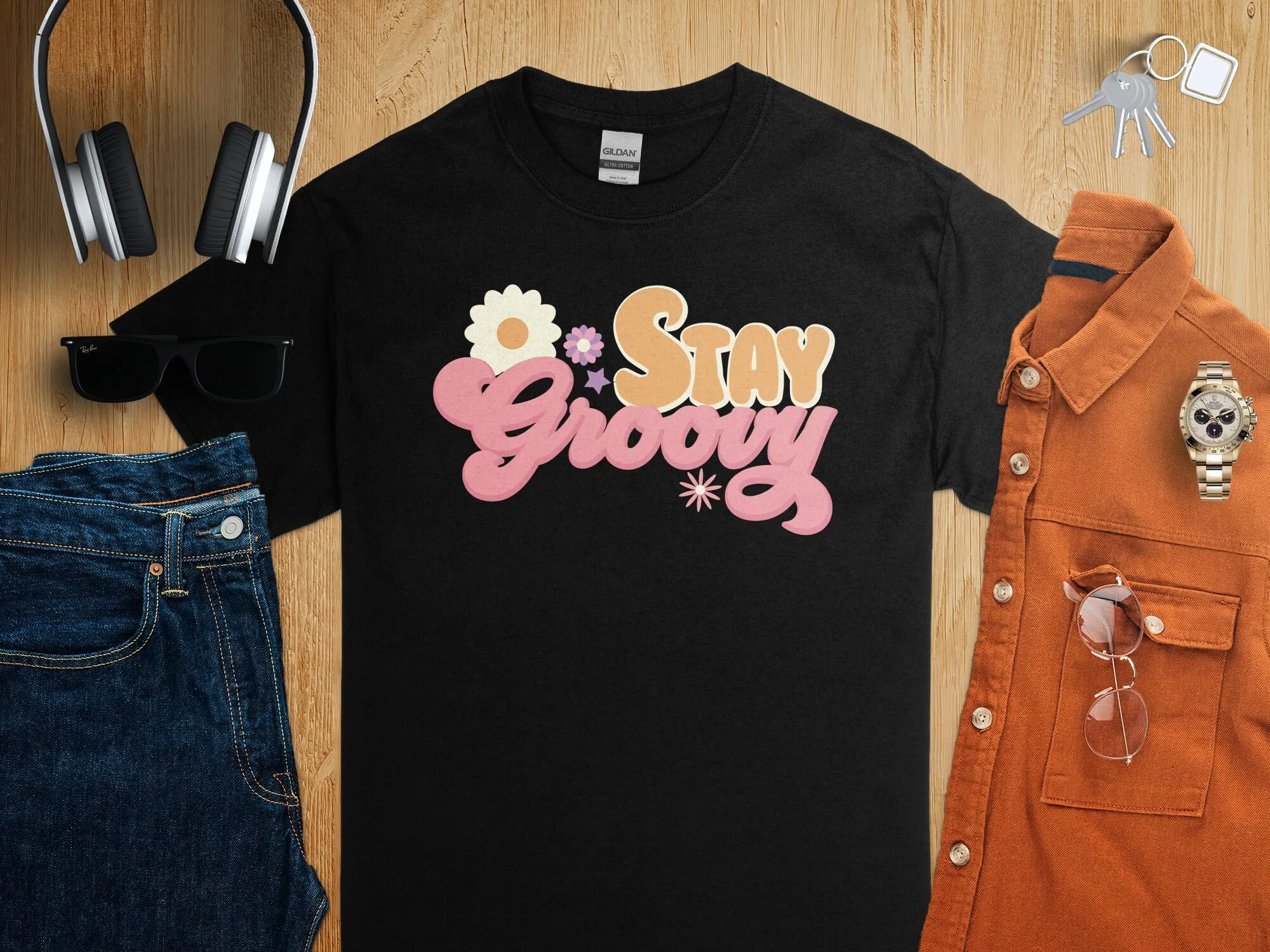 Men'S Fashion 70S - تي شيرت Stay Groovy Retro Style