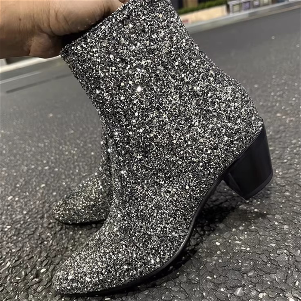 حذاء رجالي فضي لامع بمقدمة مدب - مراجعة Chelsea Boots Men وسعره